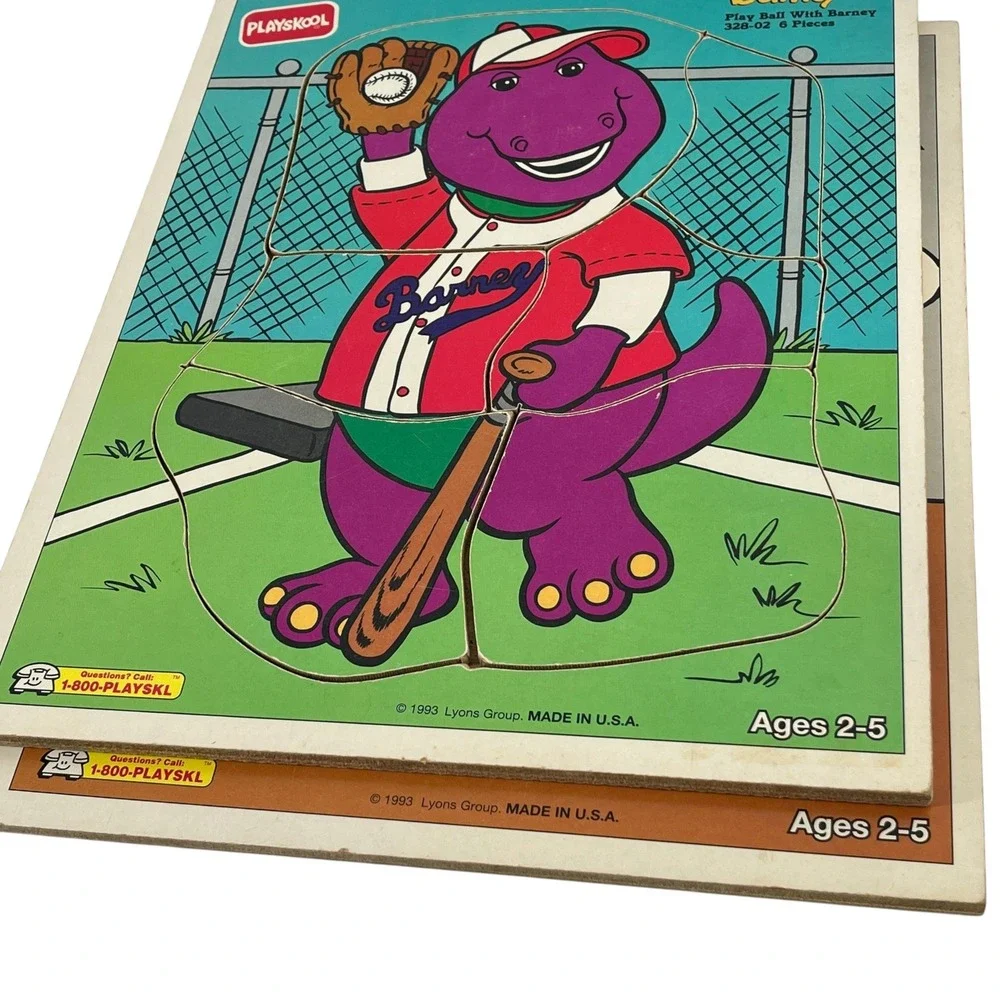 Vintage 1993 Playskool Barney The Dinosaur Wood Tray Puzzles Baseball Rain Lot 2